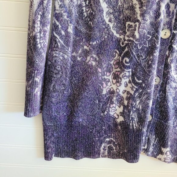 Chicos Cardigan Sweater Womens Purple Print Sparkly V Neck Long Cotton Blend - Picture 3 of 8